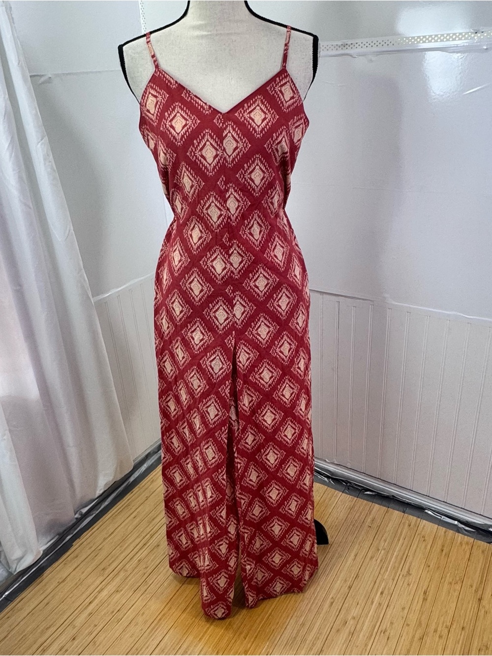 Zara Boho Cotton Wide Leg Jumpsuit XS Red Resort Vacation Festival Chic